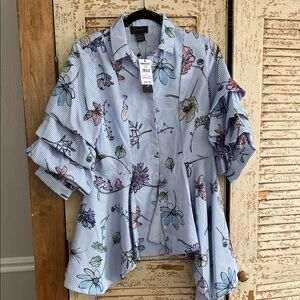 Bloomingdale's Blue Floral Striped Shirt